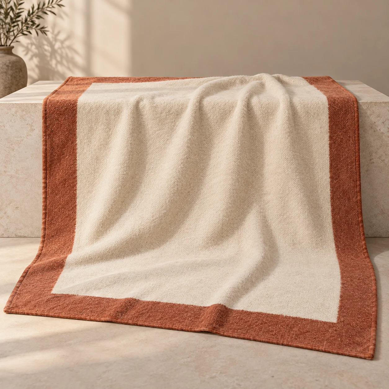 Clay Border wool-blend throw — Cream / Clay; a cream field framed by a broad terracotta border