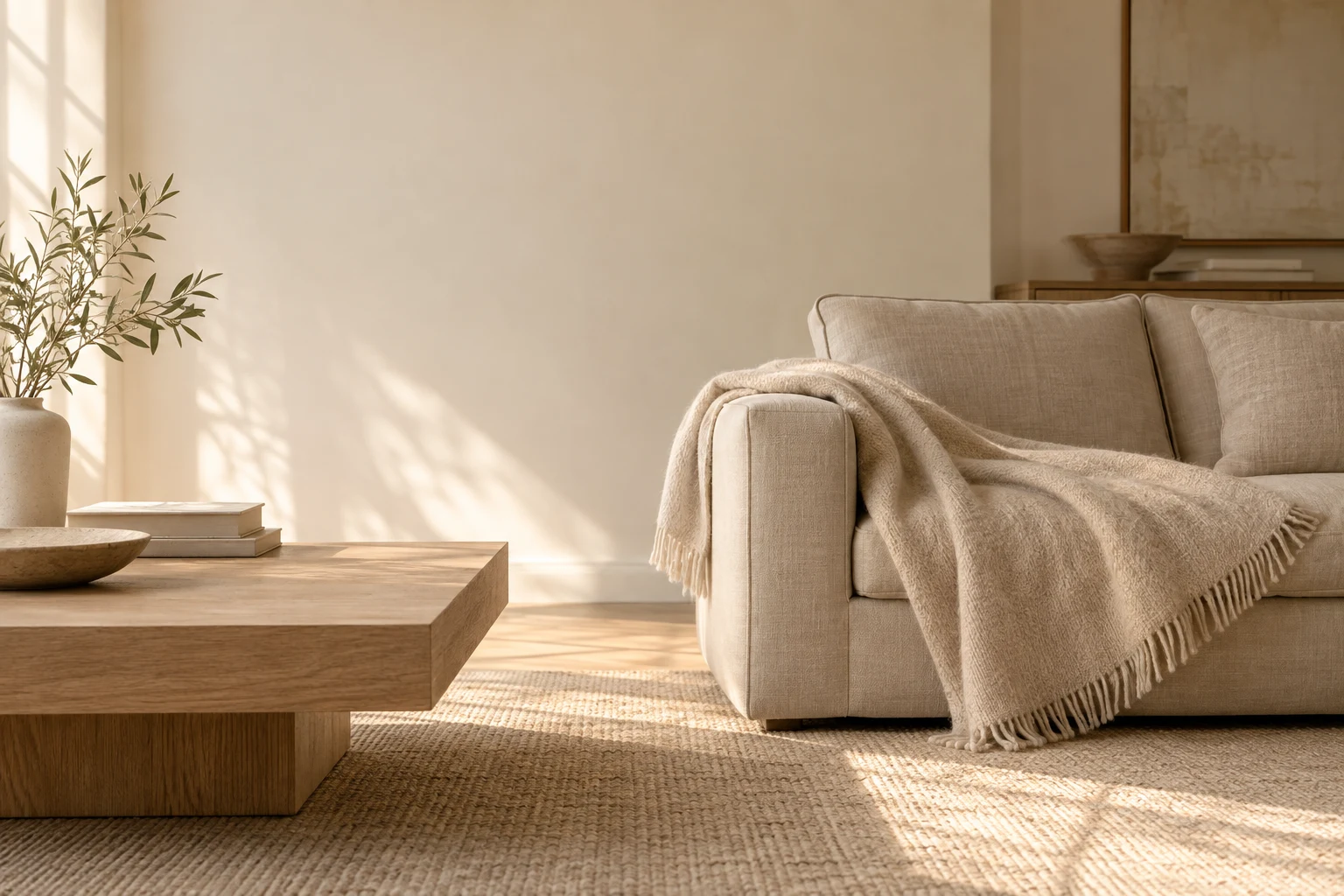 A quiet living space with an oatmeal wool-blend throw