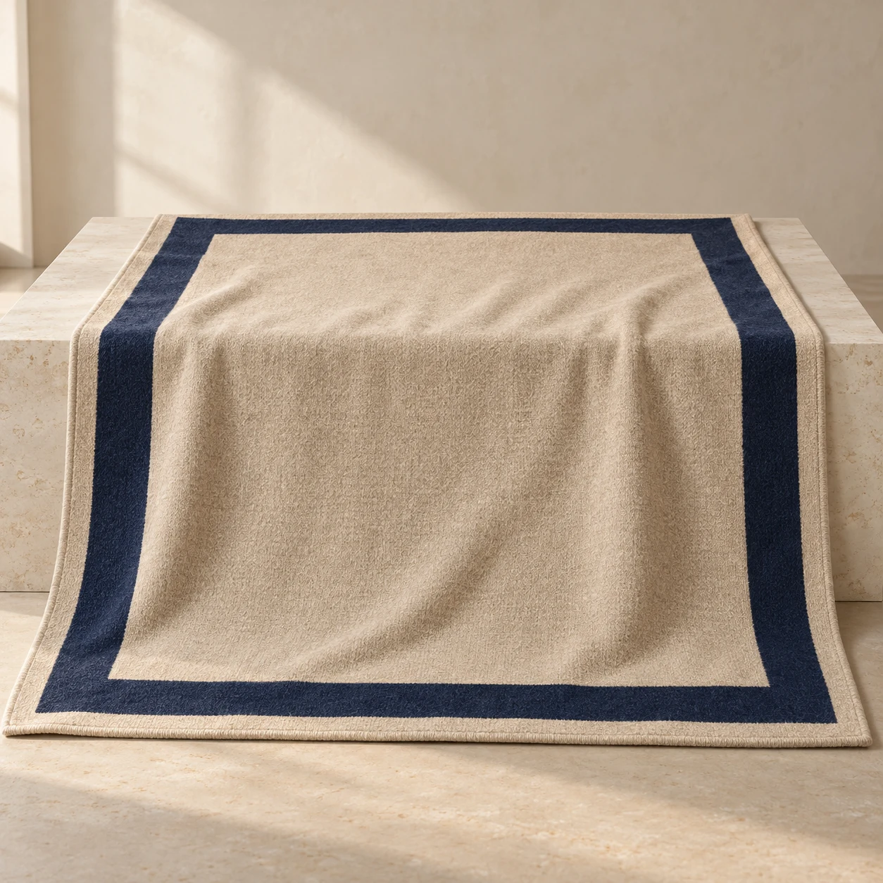 Ink Border wool-blend throw — Sand / Ink; a sand field framed by a broad ink-blue border
