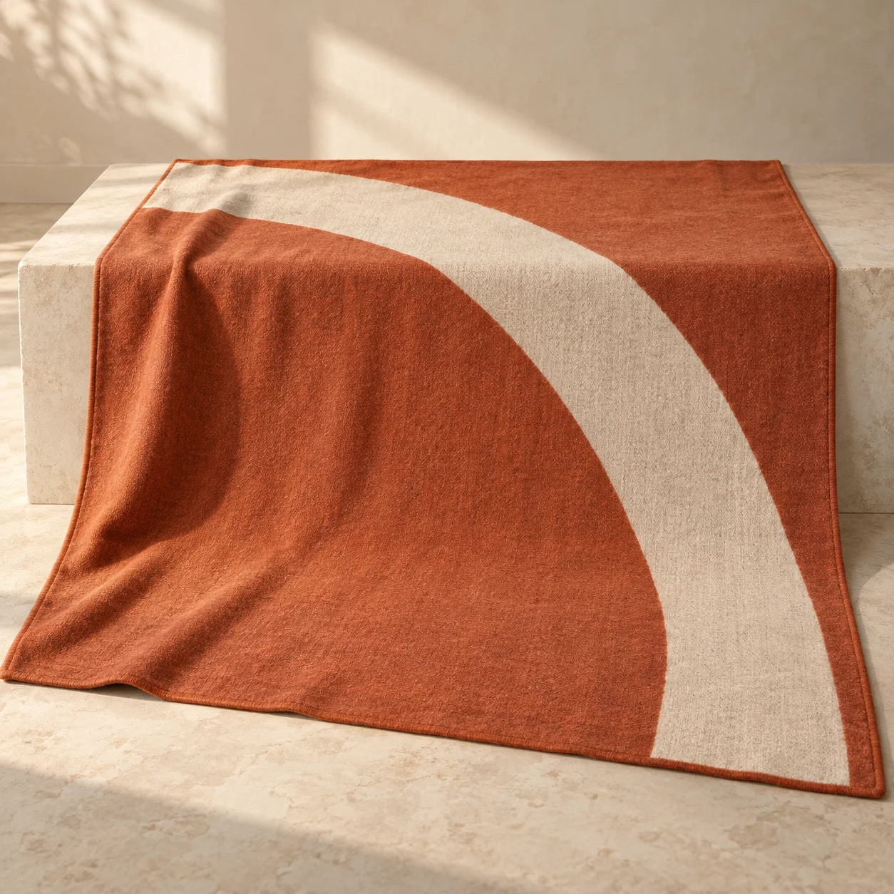 Terra Curve wool-blend throw — Clay / Oatmeal; a sweeping oatmeal arc across a terracotta field